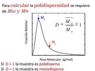 Para calcular la polidispersidad se requiere
de Mw y Mn
                                 Mn
                                                  M
             Fracción Relativa
                                                      w
                                           D              1
                                                  M   n


                                         Mz




                                 Peso Molecular (g/mol)
Sí D > 1 la muestra es polidispersa
Sí D = 1 la muestra es monodispersa
 