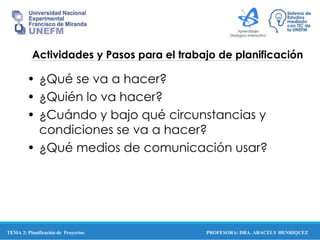 PROFESORA: DRA. ARACELY HENRIQUEZ
Actividades y Pasos para el trabajo de planificación
• ¿Qué se va a hacer?
• ¿Quién lo va hacer?
• ¿Cuándo y bajo qué circunstancias y
condiciones se va a hacer?
• ¿Qué medios de comunicación usar?
TEMA 2: Planificación de Proyectos
 
