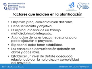 PROFESORA: DRA. ARACELY HENRIQUEZ
Factores que inciden en la planificación
• Objetivos y requerimientos bien definidos.
• Debe ser realista y objetiva.
• Es el producto final de un trabajo
multidisciplinario integrado.
• Asignación de los esfuerzos necesarios para
poder ejecutar el proyecto.
• El personal debe tener estabilidad.
• Los canales de comunicación deberán ser
claros y accesibles.
• Establecer un nivel de detalle adecuado
relacionado con la naturaleza y complejidad
del proyecto.
TEMA 2: Planificación de Proyectos
 