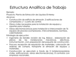 Estructura Analítica de Trabajo
Ejemplo:
Proyecto: Planta de Extracción de Líquidos El Merey
Alcance:
• Construcción de edificio de almacén, 2 edificaciones de
compresores y 1 cuarto de control.
• Obras civiles necesarias para la instalación de equipos y
soportes para tuberías.
• Obras electromecánicas para instalación e interconexión de 76
equipos de proceso (compresores, intercambiadores, bombas,
calentadores)
Estrategia de ejecución:
• Ingeniería de Detalle: revisión de ing. Básica , elaboración de
planos de las instalaciones mecánicas, eléctricas,
instrumentación, civil, preparación del paquete de construcción.
• Procura: recepción de requisición de materiales, colocación de
órdenes de compra, transporte al almacén de equipos y
materiales.
• Construcción: se ejecutará a través de 3 instalaciones(obras
civiles, edificaciones, obras electromecáncias), 8 contratos con
empresas nacionales.
 
