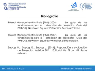 PROFESORA: DRA. ARACELY HENRIQUEZ
Bibliografía
Project Management Institute (PMI) (2006). La guía de los
fundamentos para la dirección de proyectos (Guía del
PMBOK). Newtown Square: PMI editor. Tercera Edición.
Project Management Institute (PMI) (2017). La guía de los
fundamentos para la dirección de proyectos (Guía del
PMBOK). Newtown Square: PMI editor. Sexta edición.
Sapag, N. ; Sapag, R. ; Sapag, J. (2014). Preparación y evaluación
de Proyectos. México D.F. : Editorial Mc Graw Hill. Sexta
edición.
TEMA 2: Planificación de Proyectos
 