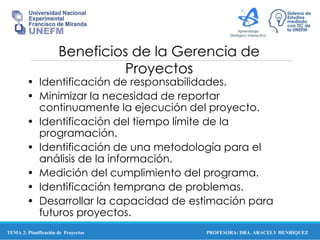 PROFESORA: DRA. ARACELY HENRIQUEZ
Beneficios de la Gerencia de
Proyectos
• Identificación de responsabilidades.
• Minimizar la necesidad de reportar
continuamente la ejecución del proyecto.
• Identificación del tiempo límite de la
programación.
• Identificación de una metodología para el
análisis de la información.
• Medición del cumplimiento del programa.
• Identificación temprana de problemas.
• Desarrollar la capacidad de estimación para
futuros proyectos.
TEMA 2: Planificación de Proyectos
 