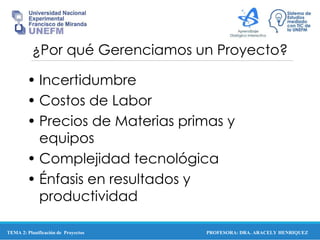 PROFESORA: DRA. ARACELY HENRIQUEZ
¿Por qué Gerenciamos un Proyecto?
• Incertidumbre
• Costos de Labor
• Precios de Materias primas y
equipos
• Complejidad tecnológica
• Énfasis en resultados y
productividad
TEMA 2: Planificación de Proyectos
 
