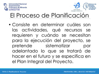PROFESORA: DRA. ARACELY HENRIQUEZ
• Consiste en determinar cuáles son
las actividades, qué recursos se
requieren y cuándo se necesitan
para la ejecución del proyecto, se
pretende sistematizar por
adelantado lo que se tratará de
hacer en el futuro y se especifica en
el Plan Integral del Proyecto.
El Proceso de Planificación
TEMA 2: Planificación de Proyectos
 