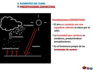 2. ELEMENTOS DEL CLIMA 9)  PRECIPITACIONES CONVECTIVAS Precipitaciones CONVECTIVAS : El aire  en contacto con una superficie caliente  se eleva por el calor. La  humedad que contiene  se condensa, produciéndose precipitaciones. Es el fenómeno propio de las  tormentas de verano. 