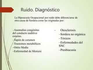 Ruido. Diagnóstico
–Anomalías congénitas
del conducto auditivo
externo.
–Tapón de cerumen
–Trastornos metabólicos
–Otitis Media
–Enfermedad de Meniere
– Otesclerosis
–Sordera no orgánica
–Tóxicos
–Enfermedades del
SNC
–Presbiacusia
 