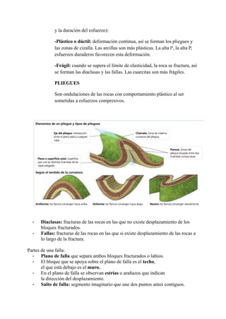 y la duración del esfuerzo):
-Plástico o dúctil: deformación continua, así se forman los pliegues y
las zonas de cizalla. Las arcillas son más plásticas. La alta tª, la alta P,
esfuerzos duraderos favorecen esta deformación.
-Frágil: cuando se supera el límite de elasticidad, la roca se fractura, así
se forman las diaclasas y las fallas. Las cuarcitas son más frágiles.
PLIEGUES
Son ondulaciones de las rocas con comportamiento plástico al ser
sometidas a esfuerzos compresivos.
- Diaclasas: fracturas de las rocas en las que no existe desplazamiento de los
bloques fracturados.
- Fallas: fracturas de las rocas en las que si existe desplazamiento de las rocas a
lo largo de la fractura.
Partes de una falla:
- Plano de falla que separa ambos bloques fracturados o labios.
- El bloque que se apoya sobre el plano de falla es el techo,
el que está debajo es el muro.
- En el plano de falla se observan estrías o arañazos que indican
la dirección del desplazamiento.
- Salto de falla: segmento imaginario que une dos puntos antes contiguos.
 