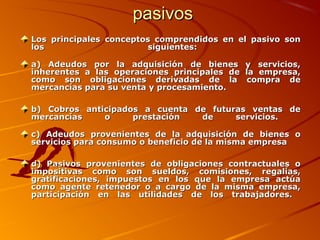 pasivospasivos
Los principales conceptos comprendidos en el pasivo sonLos principales conceptos comprendidos en el pasivo son
los siguientes:los siguientes:
a) Adeudos por la adquisición de bienes y servicios,a) Adeudos por la adquisición de bienes y servicios,
inherentes a las operaciones principales de la empresa,inherentes a las operaciones principales de la empresa,
como son obligaciones derivadas de la compra decomo son obligaciones derivadas de la compra de
mercancías para su venta y procesamiento.mercancías para su venta y procesamiento.
b) Cobros anticipados a cuenta de futuras ventas deb) Cobros anticipados a cuenta de futuras ventas de
mercancías o prestación de servicios.mercancías o prestación de servicios.
c) Adeudos provenientes de la adquisición de bienes oc) Adeudos provenientes de la adquisición de bienes o
servicios para consumo o beneficio de la misma empresaservicios para consumo o beneficio de la misma empresa
d) Pasivos provenientes de obligaciones contractuales od) Pasivos provenientes de obligaciones contractuales o
impositivas como son sueldos, comisiones, regalías,impositivas como son sueldos, comisiones, regalías,
gratificaciones, impuestos en los que la empresa actúagratificaciones, impuestos en los que la empresa actúa
como agente retenedor o a cargo de la misma empresa,como agente retenedor o a cargo de la misma empresa,
participaciónparticipación en las utilidades de los trabajadores.en las utilidades de los trabajadores.
 