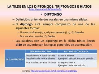 LA TILDE EN LOS DIPTONGOS, TRIPTONGOS E HIATOS
• DIPTONGO
– Definición: unión de dos vocales en una misma sílaba.
– El diptongo está siempre compuesto de una de las
siguientes formas:
• Una vocal abierta (a, e, o) y una cerrada (i, u). Ej. Guardar
• Dos vocales cerradas. Ej. Cuidar.
– Las palabras con un diptongo en la sílaba tónica llevan
tilde de acuerdo con las reglas generales de acentuación:
SI EL DIPTPONGO
ESTÁ FORMADO POR… LA TILDE SE COLOCA EN…
Vocal abierta + vocal cerrada
Vocal cerrada + vocal abierta
La vocal abierta.
Ejemplos: béisbol, después pensáis...
Dos vocales cerradas distintas La segunda vocal.
Ejemplos: veintiún, cuídalo…
Ejemplos: http://www.ejemplos.co/50-ejemplos-de-diptongo/
https://youtu.be/qM5ImazhhDc
 