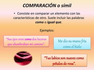 COMPARACIÓN o símil
• Consiste en comparar un elemento con las
características de otro. Suele incluir las palabras
como o igual que.
Ejemplos:
“Sus ojos eran como dos luceros
que alumbraban mi camino”.
“Tus labios son suaves como
pétalos de rosa”.
Me dio su mano fría
como el hielo
 