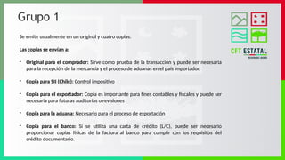 Grupo 1
Se emite usualmente en un original y cuatro copias.
Las copias se envían a:
- Original para el comprador: Sirve como prueba de la transacción y puede ser necesaria
para la recepción de la mercancía y el proceso de aduanas en el país importador.
- Copia para SII (Chile): Control impositivo
- Copia para el exportador: Copia es importante para fines contables y fiscales y puede ser
necesaria para futuras auditorías o revisiones
- Copia para la aduana: Necesario para el proceso de exportación
- Copia para el banco: Si se utiliza una carta de crédito (L/C), puede ser necesario
proporcionar copias físicas de la factura al banco para cumplir con los requisitos del
crédito documentario.
 