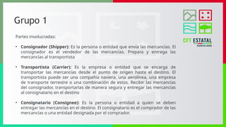 Grupo 1
Partes involucradas:
• Consignador (Shipper): Es la persona o entidad que envía las mercancías. El
consignador es el vendedor de las mercancías. Prepara y entrega las
mercancías al transportista
• Transportista (Carrier): Es la empresa o entidad que se encarga de
transportar las mercancías desde el punto de origen hasta el destino. El
transportista puede ser una compañía naviera, una aerolínea, una empresa
de transporte terrestre o una combinación de estos. Recibir las mercancías
del consignador, transportarlas de manera segura y entregar las mercancías
al consignatario en el destino
• Consignatario (Consignee): Es la persona o entidad a quien se deben
entregar las mercancías en el destino. El consignatario es el comprador de las
mercancías o una entidad designada por el comprador.
 