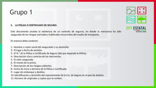 Grupo 1
5. LA PÓLIZA O CERTIFICADO DE SEGURO:
Este documento prueba la existencia de un contrato de seguros, en donde la mercancía ha sido
asegurada de los riesgos normales y habituales recurrentes del medio de transporte.
En esencia debe contener:
1.- Nombre o razón social del asegurador y su domicilio.
2.- El lugar y fecha de emisión.
3.- El N.º de la Póliza o Certificado de Seguro (del que depende la Póliza).
4.- Descripción clara y precisa de las mercancías.
5.- El valor asegurado.
6.- El monto de la prima.
7.- Descripción de los riesgos cubiertos.
8.- Fecha de inicio y término de la Póliza o Certificado.
9.- Lugar de embarque y destino.
10.-Identificación y domicilio del representante de la Cía. de Seguro en el país de destino.
11.-Número de originales y copias que se emiten.
 