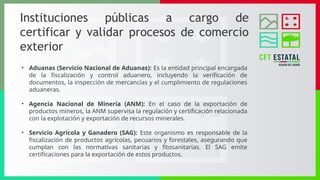 Instituciones públicas a cargo de
certificar y validar procesos de comercio
exterior
• Aduanas (Servicio Nacional de Aduanas): Es la entidad principal encargada
de la fiscalización y control aduanero, incluyendo la verificación de
documentos, la inspección de mercancías y el cumplimiento de regulaciones
aduaneras.
• Agencia Nacional de Minería (ANM): En el caso de la exportación de
productos mineros, la ANM supervisa la regulación y certificación relacionada
con la explotación y exportación de recursos minerales.
• Servicio Agrícola y Ganadero (SAG): Este organismo es responsable de la
fiscalización de productos agrícolas, pecuarios y forestales, asegurando que
cumplan con las normativas sanitarias y fitosanitarias. El SAG emite
certificaciones para la exportación de estos productos.
 