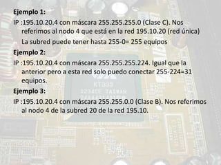 Ejemplo 1:
IP :195.10.20.4 con máscara 255.255.255.0 (Clase C). Nos
    referimos al nodo 4 que está en la red 195.10.20 (red única)
    La subred puede tener hasta 255-0= 255 equipos
Ejemplo 2:
IP :195.10.20.4 con máscara 255.255.255.224. Igual que la
    anterior pero a esta red solo puedo conectar 255-224=31
    equipos.
Ejemplo 3:
IP :195.10.20.4 con máscara 255.255.0.0 (Clase B). Nos referimos
    al nodo 4 de la subred 20 de la red 195.10.
 