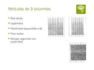 Retículas de 3 columnas

§  Muy válida
§  Legibilidad
§  Flexibilidad (expandible a 6)
§  Poco audaz
§  Romper seguridad con
  creatividad
 