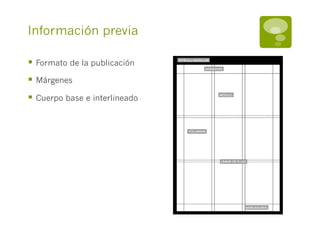 Información previa

§  Formato de la publicación
§  Márgenes
§  Cuerpo base e interlineado
 
