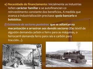 e) Necesidade de financiamento : Inicialmente as industrias teñen  carácter familiar  e se autofinancian co reinvestimento constante dos beneficios. A medida que avanza a industrialización precísase a poio bancario e bolsístico. f) Existencia de sectores punteiros:   que se adiantan na mecanización e arrastran aos demáis sectores (Ex:  téxtil de algodón demanda carbón e ferro para as máquinas, o ferrocarril demanda ferro para raís e carbón para tracción...). 
