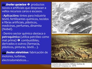 Sector químico     productos novos e artificiais que desprazan a vellos recursos caros e escasos.  - Aplicacións:  tintes para industria téxtil, fertilizantes químicos, tecidos e fibras artificiais, plásticos, medicinas, perfumes, dinamita (Nobel).  - Dentro sector químico destaca o  petroquímico  (utiliza petróleo como mat prima)     combustibles, derivados e outros (farmacia, plásticos, pinturas, téxtil…).  Sector eléctrico :  fabricación de motores, turbinas, electrodomésticos… 