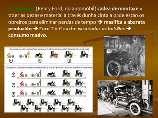 $ Fordismo:  (Henry Ford, no automóbil)  cadea de montaxe  = traer as pezas e material a través dunha cinta a onde estan os obreiros para eliminar perdas de tempo     masifica e abarata produción    Ford T = 1º coche  para todos os bolsillos      consumo masivo. 
