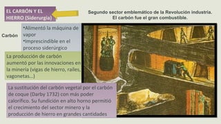 EL CARBÓN Y EL
HIERRO (Siderurgia)
Segundo sector emblemático de la Revolución industria.
El carbón fue el gran combustible.
Carbón
•Alimentó la máquina de
vapor
•Imprescindible en el
proceso siderúrgico
La producción de carbón
aumentó por las innovaciones en
la minería (vigas de hierro, raíles,
vagonetas…)
La sustitución del carbón vegetal por el carbón
de coque (Darby 1732) con más poder
calorífico. Su fundición en alto horno permitió
el crecimiento del sector minero y la
producción de hierro en grandes cantidades
 
