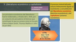 3. Liberalismo económico y capitalismo
EL LIBERALISMO
ECONÓMICO
El proceso industrializador
estuvo íntimamente ligado al
nacimiento y consolidación
del liberalismo económico
(doctrina económica) y del
capitalismo (sistema
económico)
Los principios económicos del liberalismo
fueron elaborados, a finales del s. XVIII, por
un conjunto de pensadores británicos que
constituyen lo que se conoce como la Escuela
Clásica (Adam Smith, Thomas Malthus o John
Stuart Mill)
 