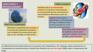 LIBRECAMBIO Y
PROTECCIONISMO
LIBRECAMBIO
Partidario de la no intervención
estatal en el comercio internacional,
lo cual permitió que las mercancías se
intercambiasen libremente entre los
Estados.
Inglaterra fue su gran
abanderada, y sus productos
(de mayor calidad y menor
precio) irrumpieron en los
mercados internacionales
Para evitar esta competencia
de Inglaterra, otros países
aplicaron medidas contrarias,
es decir, proteccionistas
PROTECCIONISMO
Defiende la imposición de aranceles a
la entrada de productos extranjeros
con el objetivo de encarecerlos para
que no sea rentable su importación.
La libertad de intercambio favorecía a los países más competitivos. Sin embargo, todos mantuvieron un
componente de proteccionismo, incluida Gran Bretaña con sus Corn Laws (1846) sobre la importación del
trigo
 
