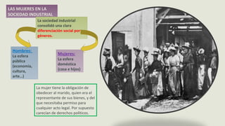 LAS MUJERES EN LA
SOCIEDAD INDUSTRIAL
La sociedad industrial
consolidó una clara
diferenciación social por
géneros.
Hombres:
La esfera
pública
(economía,
cultura,
arte…)
Mujeres:
La esfera
doméstica
(casa e hijos)
La mujer tiene la obligación de
obedecer al marido, quien era el
representante de sus bienes, y del
que necesitaba permiso para
cualquier acto legal. Por supuesto
carecían de derechos políticos.
 