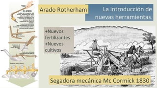 La introducción de
nuevas herramientas.
Arado Rotherham
Segadora mecánica Mc Cormick 1830
+Nuevos
fertilizantes
+Nuevos
cultivos
 