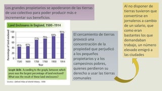 Los grandes propietarios se apoderaron de las tierras
de uso colectivo para poder producir más e
incrementar sus beneficios.
El cercamiento de tierras
provocó una
concentración de la
propiedad que perjudicó
a los pequeños
propietarios y a los
campesinos pobres,
quienes perdieron su
derecho a usar las tierras
comunales
Al no disponer de
tierras tuvieron que
convertirse en
jornaleros a cambio
de un salario, que
como eran
bastantes los que
demandaban
trabajo, un número
elevado emigró a
las ciudades
 
