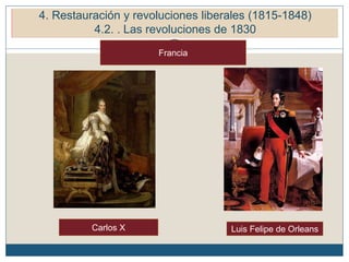 5. Restauración y revoluciones liberales (1815-1848)
5.2. Las revoluciones de 1830
Luis Felipe de OrleansCarlos X
Francia
4. Restauración y revoluciones liberales (1815-1848)
4.2. . Las revoluciones de 1830
 