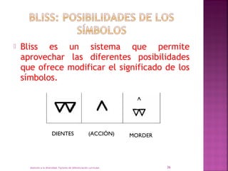  Bliss es un sistema que permite
aprovechar las diferentes posibilidades
que ofrece modificar el significado de los
símbo...