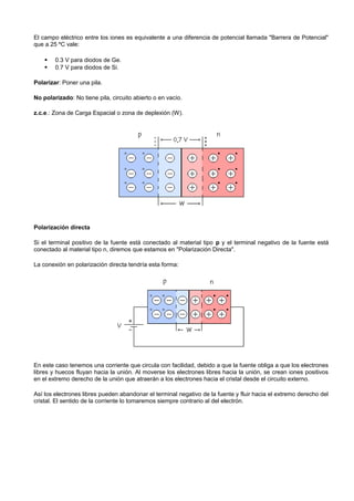 El campo eléctrico entre los iones es equivalente a una diferencia de potencial llamada "Barrera de Potencial"
que a 25 ºC vale:

       0.3 V para diodos de Ge.
       0.7 V para diodos de Si.

Polarizar: Poner una pila.

No polarizado: No tiene pila, circuito abierto o en vacío.

z.c.e.: Zona de Carga Espacial o zona de deplexión (W).




Polarización directa

Si el terminal positivo de la fuente está conectado al material tipo p y el terminal negativo de la fuente está
conectado al material tipo n, diremos que estamos en "Polarización Directa".

La conexión en polarización directa tendría esta forma:




En este caso tenemos una corriente que circula con facilidad, debido a que la fuente obliga a que los electrones
libres y huecos fluyan hacia la unión. Al moverse los electrones libres hacia la unión, se crean iones positivos
en el extremo derecho de la unión que atraerán a los electrones hacia el cristal desde el circuito externo.

Así los electrones libres pueden abandonar el terminal negativo de la fuente y fluir hacia el extremo derecho del
cristal. El sentido de la corriente lo tomaremos siempre contrario al del electrón.
 
