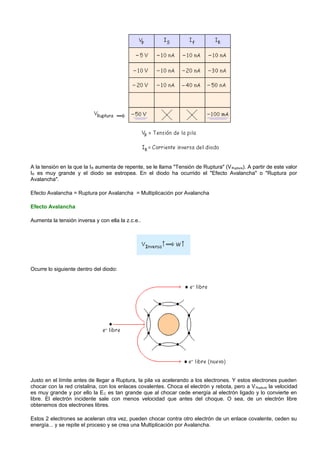A la tensión en la que la I R aumenta de repente, se le llama "Tensión de Ruptura" (V Ruptura). A partir de este valor
IR es muy grande y el diodo se estropea. En el diodo ha ocurrido el "Efecto Avalancha" o "Ruptura por
Avalancha".

Efecto Avalancha = Ruptura por Avalancha = Multiplicación por Avalancha

Efecto Avalancha

Aumenta la tensión inversa y con ella la z.c.e..




Ocurre lo siguiente dentro del diodo:




Justo en el límite antes de llegar a Ruptura, la pila va acelerando a los electrones. Y estos electrones pueden
chocar con la red cristalina, con los enlaces covalentes. Choca el electrón y rebota, pero a V Ruptura la velocidad
es muy grande y por ello la E C es tan grande que al chocar cede energía al electrón ligado y lo convierte en
libre. El electrón incidente sale con menos velocidad que antes del choque. O sea, de un electrón libre
obtenemos dos electrones libres.

Estos 2 electrones se aceleran otra vez, pueden chocar contra otro electrón de un enlace covalente, ceden su
energía... y se repite el proceso y se crea una Multiplicación por Avalancha.
 