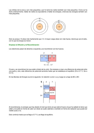 Las órbitas de la zona p son más pequeñas y por lo tanto los radios también son más pequeños. Como se ha
dicho anteriormente, hablar de radios es equivalente a hablar de energías, entonces las energías también son
más pequeñas.




Esto es porque +5 atrae más fuertemente que +3. A mayor carga atrae con más fuerza, disminuye así el radio,
con lo que la energía es menor.

Empieza la Difusión y la Recombinación

Los electrones pasan de derecha a izquierda y se recombinan con los huecos.




Cruzan y se recombinan los que están al lado de la unión. Se empieza a crear una diferencia de potencial entre
una parte y otra, esta diferencia de potencial aumenta hasta que se establezca el equilibrio (Si a 0.7 V, Ge a
0.3 V).

En las Bandas de Energía ocurre lo siguiente: Un electrón va de n a p y luego en p baja de BC a BV.




Al recombinarse, la energía que hay desde el nivel que tenía al que está el hueco al que ha saltado la tiene que
saltar y la suelta en forma de calor (un diodo se suele calentar) o también en forma de radiación que puede ser
visible (Led) o no.

Esto continúa hasta que se llega a 0.7 V y se llega al equilibrio.
 