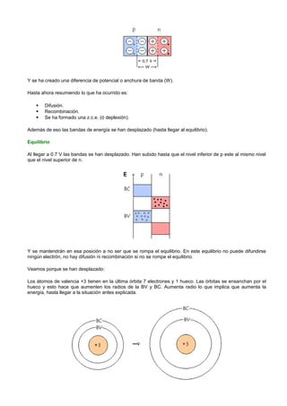 Y se ha creado una diferencia de potencial o anchura de banda (W).

Hasta ahora resumiendo lo que ha ocurrido es:

       Difusión.
       Recombinación.
       Se ha formado una z.c.e. (ó deplexión).

Además de eso las bandas de energía se han desplazado (hasta llegar al equilibrio).

Equilibrio

Al llegar a 0.7 V las bandas se han desplazado. Han subido hasta que el nivel inferior de p este al mismo nivel
que el nivel superior de n.




Y se mantendrán en esa posición a no ser que se rompa el equilibrio. En este equilibrio no puede difundirse
ningún electrón, no hay difusión ni recombinación si no se rompe el equilibrio.

Veamos porque se han desplazado:

Los átomos de valencia +3 tienen en la última órbita 7 electrones y 1 hueco. Las órbitas se ensanchan por el
hueco y esto hace que aumenten los radios de la BV y BC. Aumenta radio lo que implica que aumenta la
energía, hasta llegar a la situación antes explicada.
 