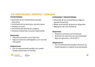 EJE HIPOTÁLAMO- HIPÓFIFIS – GONADAL
16
TESTOSTERONA:
• Desarrollo de las características sexuales
masculinas.
• Crecimiento de los testículos, escroto y pene.
• Cambios en la voz.
• Crecimiento del pelo facial y corporal.
• Fomenta el desarrollo muscular (hipertrofia).
Respuestas:
• Pequeños aumentos con el ejercicio.
• Baja con ejercicios prolongados y con una alta
intensidad.
Adaptaciones:
• Con el entrenamiento aeróbico los niveles
basales disminuyen en hombre.
ESTROGENO Y PROGESTERONA:
• Desarrollo de las características y órganos
sexuales femeninos.
• Mayor acumulación de grasa en adipocitos.
• Regulación del ciclo menstrual.
Respuestas:
• Pequeños aumentos con el ejercicio.
• Aumenta con ejercicios con una intensidad
Baja con ejercicios ≥ 33 % VO2max.
Adaptaciones:
• Con el entrenamiento pueden disminuir los
niveles basales en mujeres muy entrenadas.
 