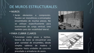 DE MUROS ESTRUCTURALES:
• MUROS
• Serán elementos a compresión.
Pueden ser monolíticos o entramados
ensamblados de muchas piezas. No
se utilizan específicamente para
transmisión de carga vertical, sino
también para dar estabilidad lateral.
• PARA CUBRIR CLAROS
• Funcionan como pisos y techos.
Dentro de éstos se encuentran una
gran variedad de ensambles, desde
simples tableros de madera y
viguetas hasta unidades de concreto
precolado o armaduras de acero.
 