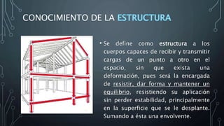 CONOCIMIENTO DE LA
• Se define como estructura a los
cuerpos capaces de recibir y transmitir
cargas de un punto a otro en el
espacio, sin que exista una
deformación, pues será la encargada
de resistir, dar forma y mantener un
equilibrio, resistiendo su aplicación
sin perder estabilidad, principalmente
en la superficie que se le desplante.
Sumando a ésta una envolvente.
 