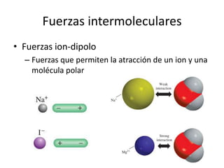 Fuerzas intermoleculares
• Fuerzas ion-dipolo
– Fuerzas que permiten la atracción de un ion y una
molécula polar
 