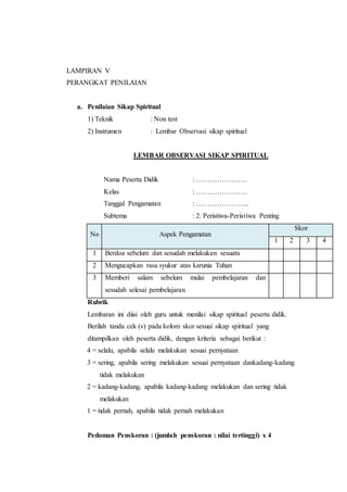 LAMPIRAN V 
PERANGKAT PENILAIAN 
a. Penilaian Sikap Spiritual 
1) Teknik : Non test 
2) Instrumen : Lembar Observasi sikap spiritual 
LEMBAR OBSERVASI SIKAP SPIRITUAL 
Nama Peserta Didik : …………………. 
Kelas : …………………. 
Tanggal Pengamatan : ………………….. 
Subtema : 2. Peristiwa-Peristiwa Penting 
No Aspek Pengamatan 
Skor 
1 2 3 4 
1 Berdoa sebelum dan sesudah melakukan sesuatu 
2 Mengucapkan rasa syukur atas karunia Tuhan 
3 Memberi salam sebelum mulai pembelajaran dan 
sesudah selesai pembelajaran 
Rubrik 
Lembaran ini diisi oleh guru untuk menilai sikap spiritual peserta didik. 
Berilah tanda cek (v) pada kolom skor sesuai sikap spiritual yang 
ditampilkan oleh peserta didik, dengan kriteria sebagai berikut : 
4 = selalu, apabila selalu melakukan sesuai pernyataan 
3 = sering, apabila sering melakukan sesuai pernyataan dankadang-kadang 
tidak melakukan 
2 = kadang-kadang, apabila kadang-kadang melakukan dan sering tidak 
melakukan 
1 = tidak pernah, apabila tidak pernah melakukan 
Pedoman Penskoran : (jumlah penskoran : nilai tertinggi) x 4 
 
