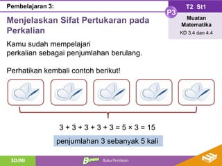 Menjelaskan Sifat Pertukaran pada
Perkalian
T2 St1
P3
Muatan
Matematika
KD 3.4 dan 4.4
Pembelajaran 3:
Kamu sudah mempelajari
perkalian sebagai penjumlahan berulang.
Perhatikan kembali contoh berikut!
3 + 3 + 3 + 3 + 3 = 5 × 3 = 15
penjumlahan 3 sebanyak 5 kali
 
