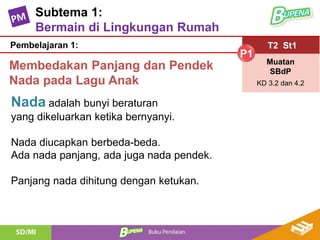 Subtema 1:
Bermain di Lingkungan Rumah
T2 St1
P1
Muatan
SBdP
KD 3.2 dan 4.2
Pembelajaran 1:
Membedakan Panjang dan Pendek
Nada pada Lagu Anak
Nada adalah bunyi beraturan
yang dikeluarkan ketika bernyanyi.
Nada diucapkan berbeda-beda.
Ada nada panjang, ada juga nada pendek.
Panjang nada dihitung dengan ketukan.
 