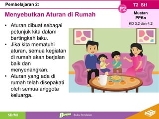 T2 St1
P2
Muatan
PPKn
KD 3.2 dan 4.2
Pembelajaran 2:
Menyebutkan Aturan di Rumah
• Aturan dibuat sebagai
petunjuk kita dalam
bertingkah laku.
• Jika kita mematuhi
aturan, semua kegiatan
di rumah akan berjalan
baik dan
menyenangkan.
• Aturan yang ada di
rumah telah disepakati
oleh semua anggota
keluarga.
 