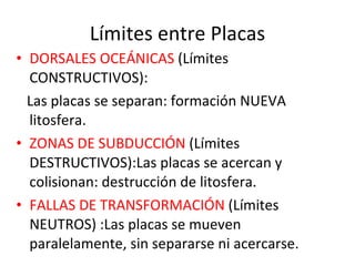 Límites entre Placas DORSALES OCEÁNICAS  (Límites CONSTRUCTIVOS):  Las placas se separan: formación NUEVA  litosfera.  ZONAS DE SUBDUCCIÓN  (Límites  DESTRUCTIVOS):Las placas se acercan y colisionan: destrucción de litosfera. FALLAS DE TRANSFORMACIÓN  (Límites  NEUTROS) :Las placas se mueven paralelamente, sin separarse ni acercarse. 