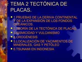 TEMA 2 TECTÓNICA DE
PLACAS.
 1.PRUEBAS DE LA DERIVA CONTINENTAL
Y DE LA EXPANSIÓN DE LOS FONDOS
OCEÁNICOS.
 2.TEORÍA DE LA TECTÓNICA DE PLACAS.
 3.SISMICIDAD Y VULCANISMO
 4.OROGÉNESIS
 5.LOCALIZACIÓN DE YACIMIENTOS DE
MINERALES, GAS Y PETÓLEO
 6.TSUNAMI EN INDONESIA
 
