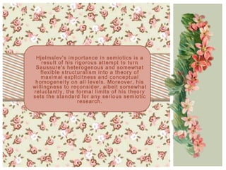Hj el ms l ev 's i mportanc e i n s emi oti c s i s a
     res ul t of hi s ri gorous attempt to turn
 Saus sure's heterogenous and s omewhat
    flexible structural i s m i nto a theory of
    max i mal ex pl i c i tness and c onc eptual
 homogenei ty on al l l ev el s . Moreov er, hi s
wi ll i ngness to rec ons i der, al bei t s omewhat
rel uc tantl y, the formal l i mi ts of hi s theory
s ets the s tandard for any s eri ous s emi oti c
                       res earc h.
 