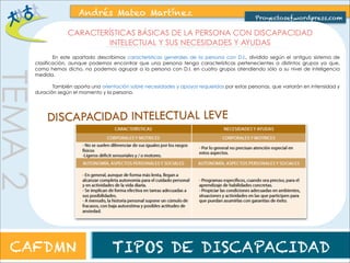 TEMA 2 
Andrés Mateo Martínez 
Proyectosef.wordpress.com 
DISCAPACIDAD INTELECTUAL MODERADA 
CAFDMN TIPOS DE DISCAPACIDAD 
 