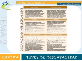 TEMA 2 
Andrés Mateo Martínez 
Proyectosef.wordpress.com 
DISCAPACIDAD INTELECTUAL 
MODERADA 
CAFDMN TIPOS DE DISCAPACIDAD 
 