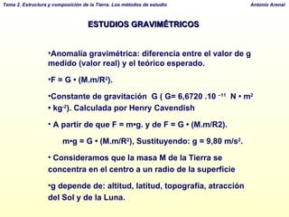 ESTUDIOS GRAVIMÉTRICOS Anomalía gravimétrica: diferencia entre el valor de g medido (valor real) y el teórico esperado. F = G • (M.m/R 2 ).  Constante de gravitación  G ( G= 6,6720 .10  –11   N • m 2  • kg -2 ). Calculada por Henry Cavendish A partir de que F = m•g. y de F = G • (M.m/R2).   m•g = G • (M.m/R 2 ), Sustituyendo: g = 9,80 m/s 2 .  Consideramos que la masa M de la Tierra se concentra en el centro a un radio de la superficie g depende de: altitud, latitud, topografía, atracción del Sol y de la Luna. 